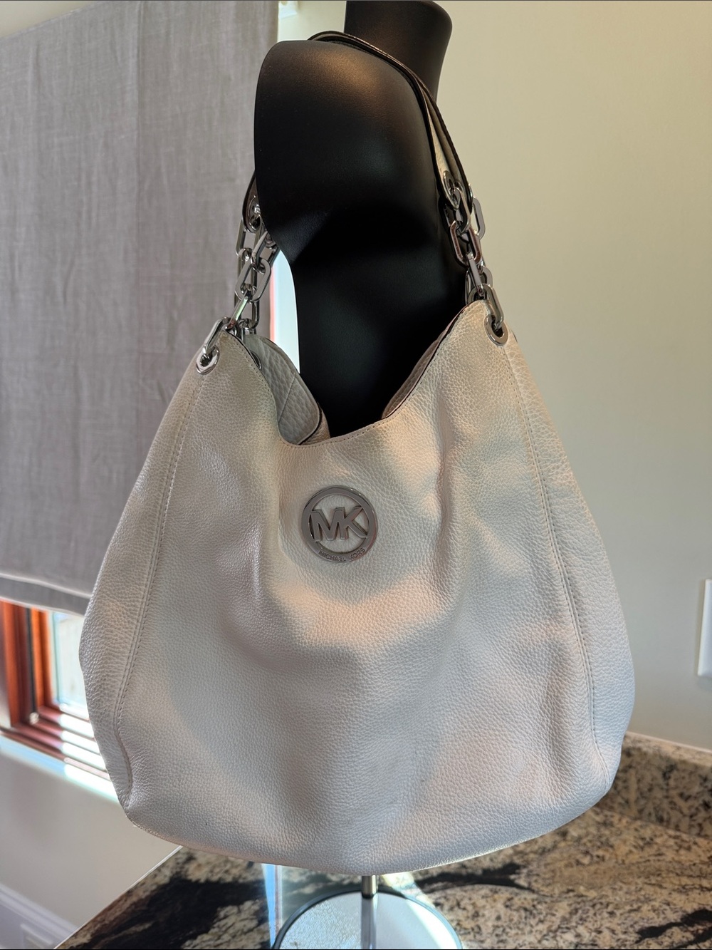 Michael Kors White Pebbled Leather Hobo with Chain-Link Straps